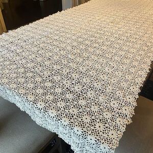 Vintage Hand Crochet Cotton Lace Tablecloth Floral 95” X 42” Rectangle Natural